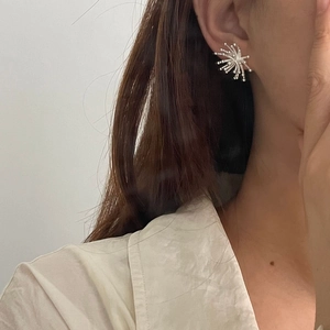 Minimalist S925 sterling silver firework stud earrings worn on a model's ear