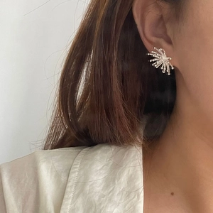 Close-up of S925 sterling silver firework stud earring worn on a model's ear