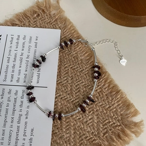 Handmade S925 sterling silver beaded bracelet with garnet stones and heart charm