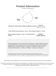 Detailed specs of S925 silver bracelet featuring white crystal beads and bamboo style link