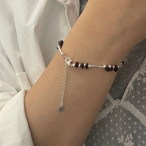 Handmade S925 sterling silver beaded bracelet with red garnet stones and heart pendant