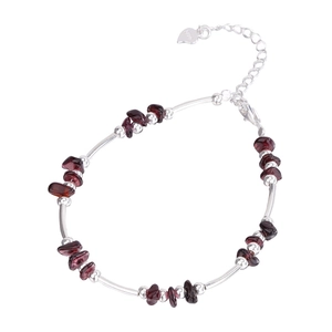 Handmade S925 sterling silver beaded bracelet with dark red garnet stones and heart charm