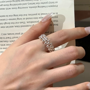Detail of S925 silver beaded ring with triple-row mirror polished spheres on finger