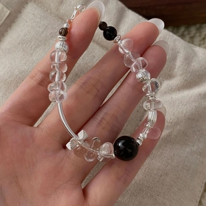 Minimalist S925 sterling silver beaded bracelet with white crystals and butterfly charm