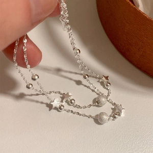 925 Sterling Silver Double Layer Star Bracelet For Women Frosted Beads Adjustable Chain Minimalist Jewelry Gift For Girls
