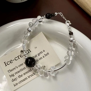 Minimalist S925 sterling silver beaded bracelet with crystal beads and bow pendant