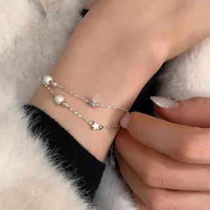 Minimalist S925 sterling silver double-layer star bracelet with frosted round beads