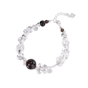Minimalist S925 sterling silver beaded bracelet with clear crystal and smoky quartz