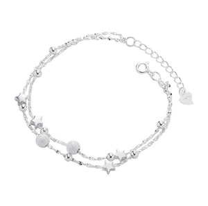 Elegant double-layered S925 sterling silver star bracelet with frosted beads on white background
