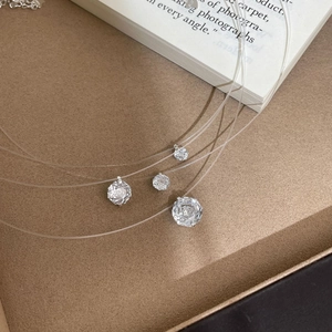 Macro view of transparent fishing line necklace with various sizes of white zircon pendants