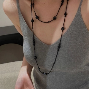 Handmade Natural Black Agate Beaded Necklace For Women 925 Sterling Silver Clasp Long Sweater Chain Elegant Jewelry Gift