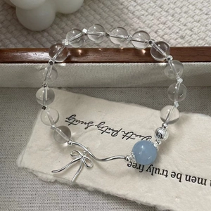 S925 Sterling silver beaded bracelet with aquamarine crystal and bow pendant