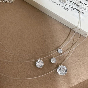 Minimalist S925 silver fishline necklace with shimmering rose-cut sparkling crystals