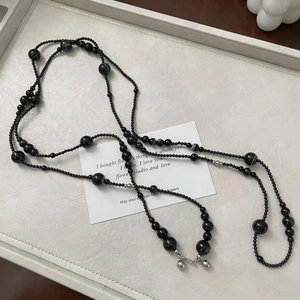 Elegant S925 sterling silver and black onyx beaded necklace with striped agate charms