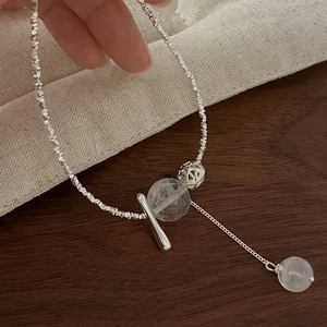 Collier en argent sterling S925 avec fermoir OT, perles d'argent et cristaux translucides