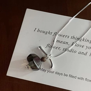 Retro S925 silver necklace with geometric dark crystal and wooden bead pendant