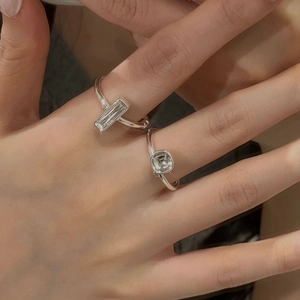 Minimalist S925 sterling silver square zircon rings worn by model for daily wear