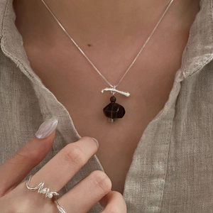 Minimalist S925 sterling silver necklace with smoky quartz pendant and pearl ring