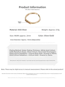 Detailed size chart showing 2mm width and 16mm diameter for adjustable S925 silver ring