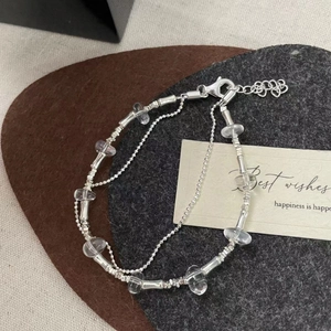 Detail of S925 sterling silver double-layer bracelet with crystal beads and lobster clasp