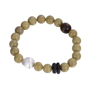 S925 sterling silver beaded bracelet featuring olive green stones and a wooden accent bead