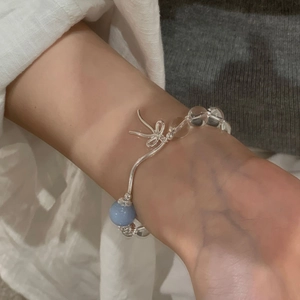 S925 Sterling Silver Aquamarine and Crystal Bracelet with Elegant Bow Charm for Women