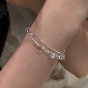 Double-layer S925 silver beaded bracelet with clear crystals and minimalist metal tubes