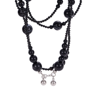 Elegant multi-layer black onyx bead necklace with polished silver bell pendant
