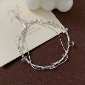 Detail of S925 silver double-layer beaded bracelet featuring clear crystal beads
