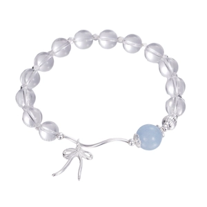 Minimalist S925 silver beaded bracelet with blue crystal and delicate bow charm