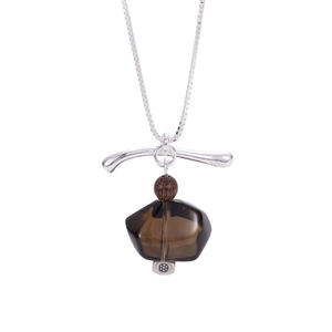 S925 sterling silver geometric smoky quartz pendant necklace with natural wood bead