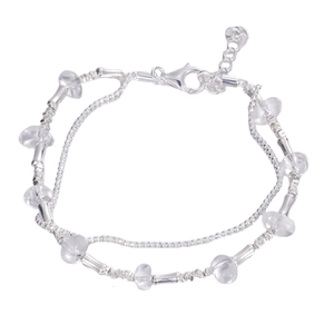 Double-layer S925 sterling silver beaded bracelet with clear crystal and heart charm