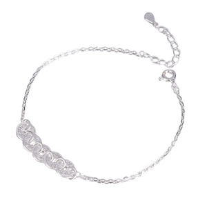 Minimalist S925 sterling silver bracelet featuring five textured interlocking coin rings