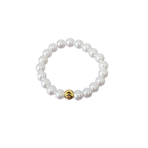 Elegant elastic S925 silver ring with white pearls and a textured gold bead accent