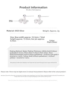 Detail specifications of S925 silver bow earrings showing 10.3mm width and 13.3mm height
