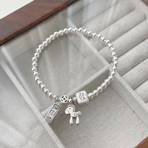 S925 Sterling Silver Beaded Charm Bracelet With Lucky Mahjong Wealth Horse And Banknote Pendants Vintage Thai Silver Jewelry