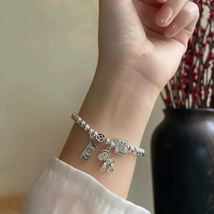 S925 sterling silver beaded bracelet with fortune horse and money charms for women