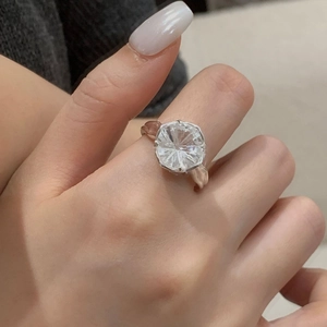 Close-up of S925 silver vintage ring with a large octagonal white zircon fireworks cut
