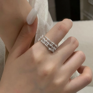S925 Sterling silver multi-layer beaded grid ring with minimalist vintage texture design