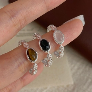 S925 Sterling Silver Ring Adjustable Hollow Anchor Chain Opening Ring With Chalcedony Agate Tiger Eye Women Vintage Jewelry
