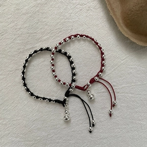 Handmade S925 silver gourd charm bracelets in black and red woven cord, adjustable size