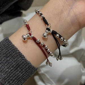 Minimalist S925 sterling silver Hulu charm braided rope bracelet with polished silver beads
