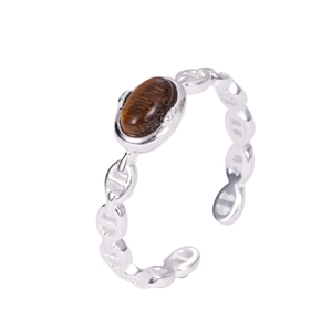 Adjustable S925 sterling silver anchor chain ring with oval tiger eye gemstone
