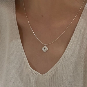 Close-up of S925 silver four-leaf clover necklace with black onyx on model neck