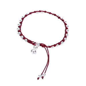 S925 silver hulu gourd pendant on a handmade red woven rope bracelet with silver beads
