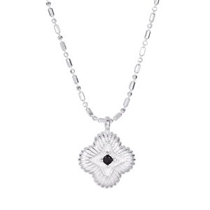 S925 sterling silver four-leaf clover necklace with black zircon and radial texture