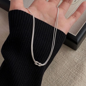 Minimalist S925 sterling silver double-layer snake chain necklace with a knot pendant