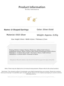 Detailed size chart for S925 sterling silver U-shaped studs with matte finish specs