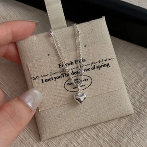 Double-layer S925 sterling silver beaded bracelet with 3D heart pendant for women