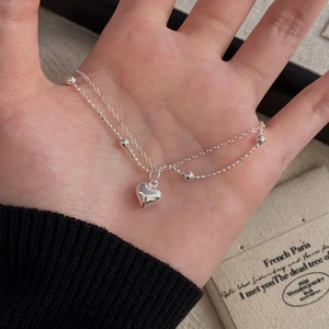 S925 sterling silver double-layer bracelet with heart pendant and metallic beads